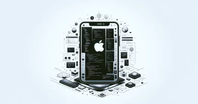 illustration of iOS app development featuring an Apple device and abstract coding elements, highlighting the challenges and innovation in the tech industry.