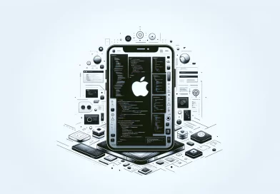 illustration of iOS app development featuring an Apple device and abstract coding elements, highlighting the challenges and innovation in the tech industry.