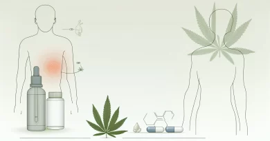 Illustration depicting the use of CBD for chronic pain relief, including a human figure showing pain relief, CBD oil bottles, and capsules with natural elements like leaves.